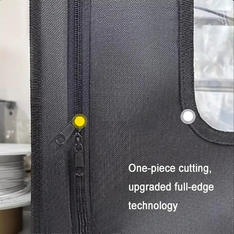 Close-up of Heavy Duty 3D Printer Enclosure With LED Light Filament Dryer Dust Cover showing zipper and text.