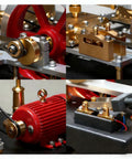 Close-up of Darn Fine Brass DIY Steam Engine Kit components, showcasing brass and stainless steel parts, including the motor and crankshaft.