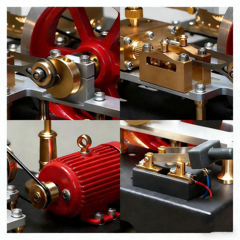 Close-up of Darn Fine Brass DIY Steam Engine Kit components, showcasing brass and stainless steel parts, including the motor and crankshaft.