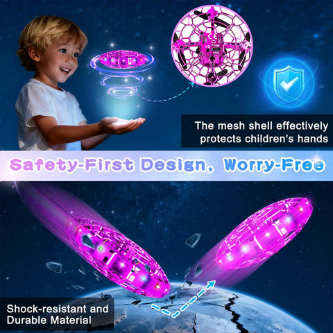 Child playing with Kids UFO Drone With Hand Gesture Control And LED Lights Indoor Outdoor Hover Boomerang Mini Flying Orb Gift