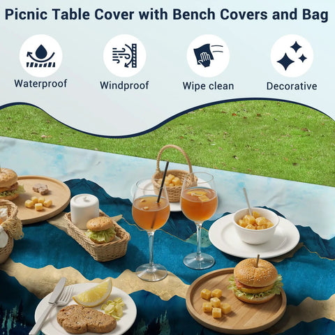 All In One Picnic Table Cover Set With Bench Covers For 6 Foot Tables And 72 Inch Benches Elastic Edges And Drawstring Storage Bag Fits 72 X 30 Inch Tables Blue Green Outdoor Camping Essentials displayed on a picnic setup outdoors