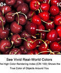 Red cherries showcasing color difference between CRI 60+ and CRI 100 lighting with text on color rendering index benefits.