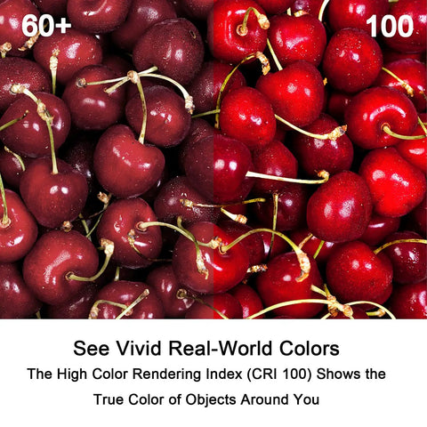 Comparison of cherries showing color difference under CRI 60+ and CRI 100 lighting conditions.