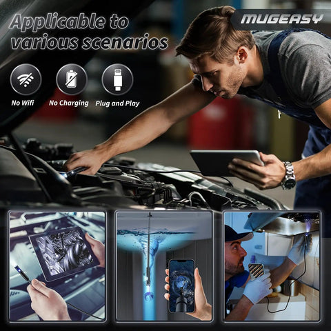 Mechanic using Dual Lens 1920P HD Endoscope Camera With 8 LED Lights for car inspection, displaying live feed on tablet