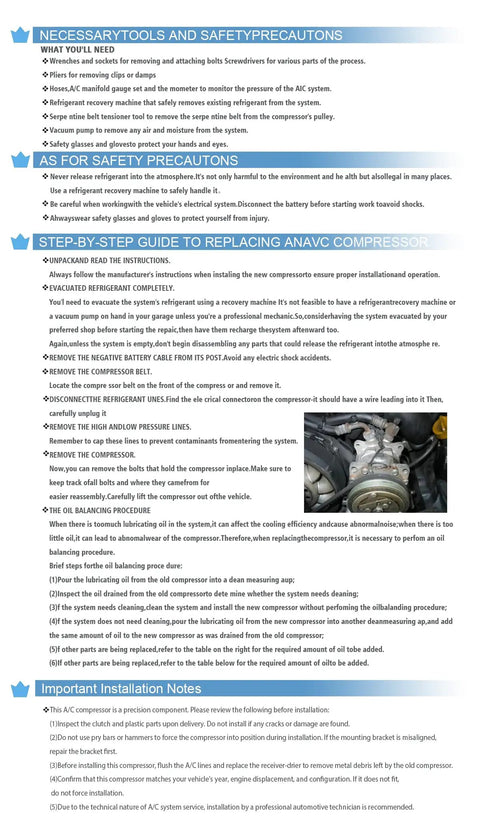 Beat The Heat AC Air Conditioning Compressor Kit Direct Replacement For Honda Accord 2003 To 2007 And Acura Tl Mdx installation guide with safety precautions.