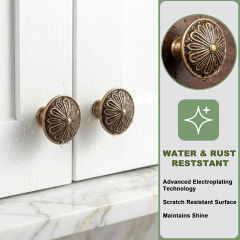 Old School Brass Cabinet Knob Set, Solid Zinc Alloy 1.4 Inch Round Handles, 10 Pack For Cabinets And Drawers shown on white cabinet
