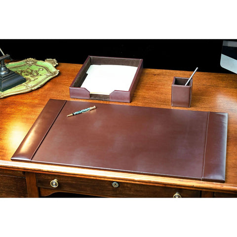 Brown Bonded Leather Desk Set With Blotter Pad And Desk Organizer For Premium Office Vibe on wooden desk