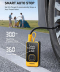 L7 Portable Tire Inflator Cordless Air Compressor 150 PSI Fast 1 Minute Inflation Auto Shutoff LED Light in use on car tire