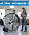 Heavy Hitter 42 Inch Industrial Drum Fan Moves Serious High Velocity Air For Garage Or Workshop Cools 24500 CFM With Smooth Rolling Casters Two Pack No Fuss Design in an agricultural setting.