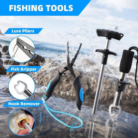 Fishing tools on rocks with water splash; includes lure pliers, fish gripper, hook remover; part of All In One 103 Piece Fishing Tackle Bag Set For Men Waterproof Camouflage Backpack With Rod Holder Tackle Box And Sling Storage Bags For Fishing Camping And Hiking Gear.