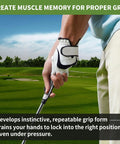 2 In 1 Golf Grip Trainer And Swing Stabilizer With Arm Band For Correct Grip And Arm Positioning Fixes Grip Posture And Locks Elbow For Consistent Shots Pro Level Golf Accessory For Men And Women shown in use on golf course with a golfer's hand gripping a club.