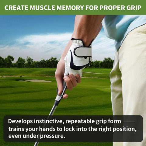2 In 1 Golf Grip Trainer And Swing Stabilizer With Arm Band For Correct Grip And Arm Positioning Fixes Grip Posture And Locks Elbow For Consistent Shots Pro Level Golf Accessory For Men And Women shown in use on golf course with a golfer's hand gripping a club.
