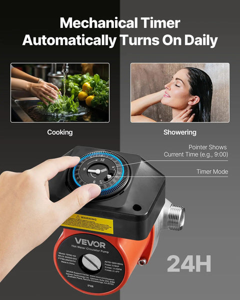 Straight Up Hot Water Recirculating Pump Kit With Built In Timer for setting times, showing mechanical timer, red and black design.