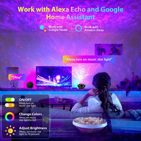 Living room with Galaxy Projector Night Light for Bedroom with Bluetooth Speaker, starry sky effect, Alexa compatibility, colorful ambiance.