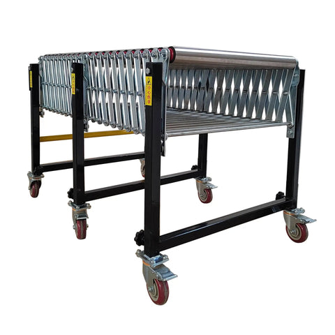 Hefty Expandable Roller Conveyor Adjustable From 47 To 118 Inches Long Heavy Duty Steel Beams And Pallet Moving System on casters.