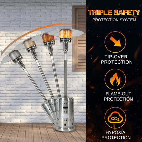 Powerful 48000 BTU Outdoor Patio Heater with wheels and cover, stainless steel burner, safety features displayed, adjustable heat.