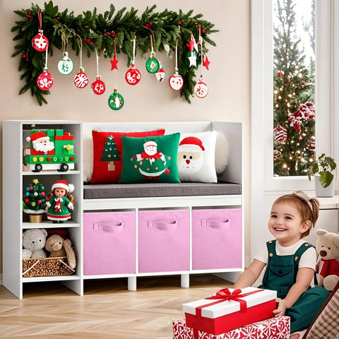 Child near a shelf with Foldable Fabric Storage Cubes Set For Closet And Toy Organization, 6 Pack Pink Cloth Bins decorated for Christmas.