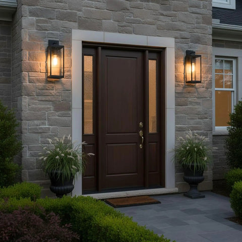 Westover 17 Inch Outdoor Wall Sconce 1 Light Earth Black Finish flanking a front door, clear beveled glass, mounted on brick wall