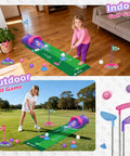 Kids Golf Toy Set With Dinosaur Automatic Ball Return LED Light Up Night Balls 3 Clubs Putting Mat Indoor Outdoor Mini Golf Games For Toddlers Ages 3 Plus Boys And Girls Pink, showcasing indoor and outdoor play.