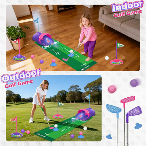 Kids Golf Toy Set With Dinosaur Automatic Ball Return LED Light Up Night Balls 3 Clubs Putting Mat Indoor Outdoor Mini Golf Games For Toddlers Ages 3 Plus Boys And Girls Pink, showcasing indoor and outdoor play.