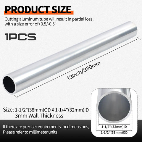 6061 Aluminum Tubing 1-1/2 Inch Outer Diameter 1-1/4 Inch Inner Diameter 13 Inch Length Seamless Round Tube 3mm Wall