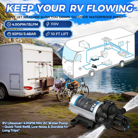 Heavy Duty 110V Ac Diaphragm Water Pressure Pump With 4.0 Gpm Flow And 50 Psi, self-priming automatic system for RV.