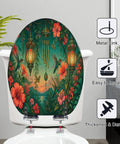Elongated Tropical Garden Lanterns Vibrant Flowers Sunset Toilet Seat displaying floral design and hummingbirds on a durable resin seat.