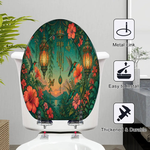 Elongated Tropical Garden Lanterns Vibrant Flowers Sunset Toilet Seat displaying floral design and hummingbirds on a durable resin seat.