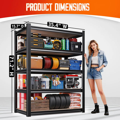 Sturdy 71 Inch Heavy Duty Garage Shelving Unit With 2050 Lb Capacity, 5 Adjustable Steel Shelves filled with tools and supplies