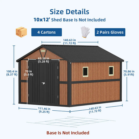 10x12 Ft Outdoor Storage Shed With Lockable Doors And Window, size details, brown metal garden shed