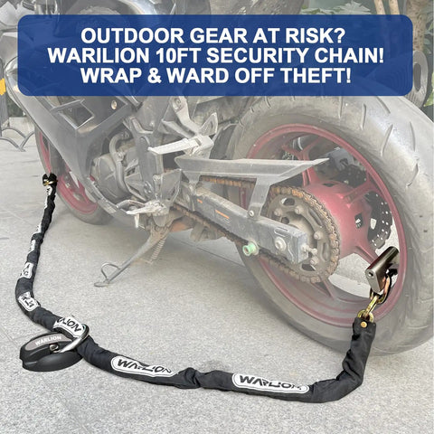 Heavy Duty Security Chain For Motorcycles ATVs Ebikes And Generators, Built To Last Ten Foot By Three Eighths Inch Thick And Tough As Nails Anti Theft Lock With Cinch Ring, Cut Resistant Chain For Two Wheelers securing motorcycle wheel