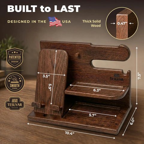 Solid Wood Phone Docking Station And Organizer For Men, Charging Stand For Desk Or Nightstand with dimensions and features