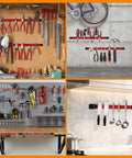 18-Inch Magnetic Tool Holder Strip Set, 4-Piece Red Metal Tool Organizer Rack in various installation views in garage, workshop