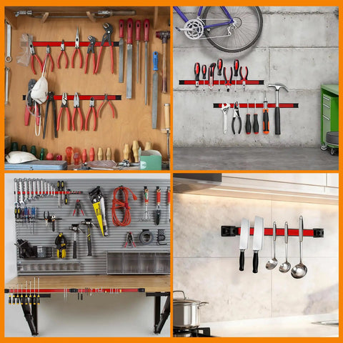 18-Inch Magnetic Tool Holder Strip Set, 4-Piece Red Metal Tool Organizer Rack in various installation views in garage, workshop