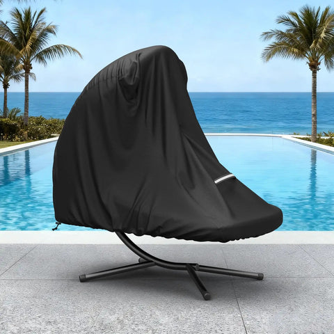 Heavy Duty 73 Inch Waterproof Patio Hanging Chaise Lounge Cover With Handle Bombproof Durable 600D UV Protected All Weather Outdoor Hammock Chair Swing Protector Black covering chair by pool.