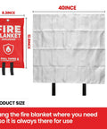 Two Pack Forty By Forty Fire Blanket For Kitchen Grill Car And Camping Fiberglass Heavy Duty Heat Resistant To 1076F CE Certified No Mess Fire Suppression Maintenance Free Home Safety No Brainer shown with red storage pouch and size dimensions.