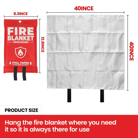 Two Pack Forty By Forty Fire Blanket For Kitchen Grill Car And Camping Fiberglass Heavy Duty Heat Resistant To 1076F CE Certified No Mess Fire Suppression Maintenance Free Home Safety No Brainer shown with red storage pouch and size dimensions.