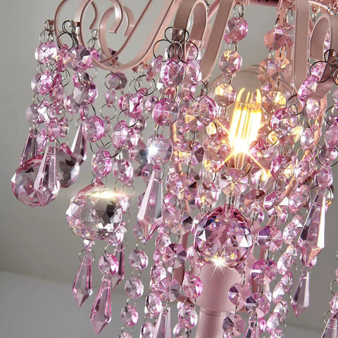 Close-up of pink crystal shade on Dope Modern Table Lamp With Chrome Metal And Clear Crystal Shade For Bedroom, Living Room Or Office.