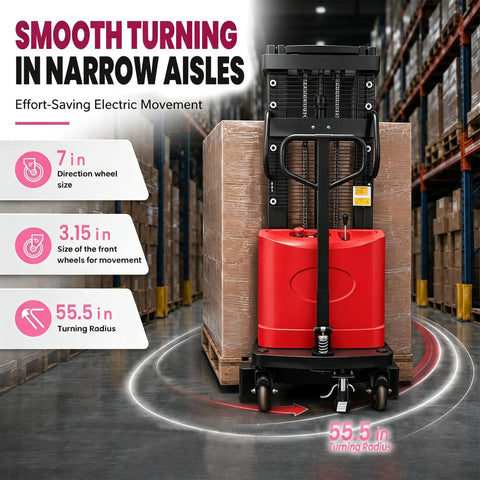 Heavy Duty Semi-Electric Pallet Stacker 3500 Lbs Capacity in warehouse, showcasing smooth turning radius and wheel sizes.