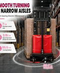 3500 Lb Semi Electric Pallet Stacker With 94.8 Inch Lift Height Walkie Design Featuring 1.6Kw Motor adjustable forks maneuvering in narrow aisles.
