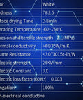 Specifications for 20 Gram Dope Thermal Conductive Glue For Electronics, High-Performance Silicone, including temperature and conductivity.