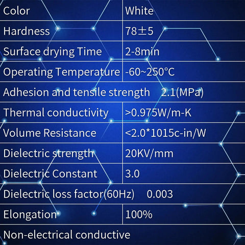 Specifications for 20 Gram Dope Thermal Conductive Glue For Electronics, High-Performance Silicone, including temperature and conductivity.