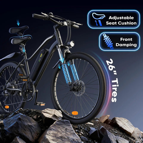 Powerful 1500W Peak Electric Bike For Adults With 80 Mile Range, 26 Inch Tires, Shock Absorber, urban terrain focus
