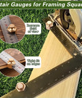 Rock Solid Four Pack Aluminum Stair Gauge Set For Framing Squares Gold Pro Gear Quick Slide Clamps shown with framing square and wood.