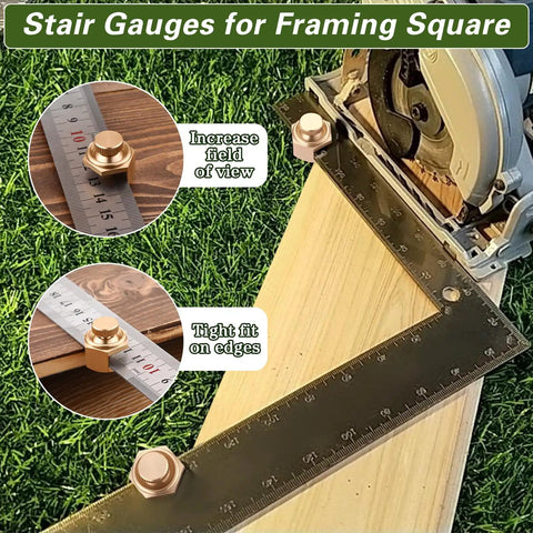 Rock Solid Four Pack Aluminum Stair Gauge Set For Framing Squares Gold Pro Gear Quick Slide Clamps shown with framing square and wood.