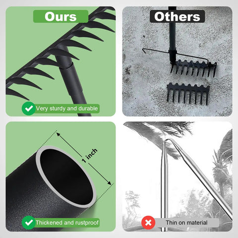 Comparison showing Heavy Duty Bow Rake With 60 Inch Adjustable Stainless Steel Handle, 17 Inch Wide Metal Head And 12 Sharp Teeth strength and durability.