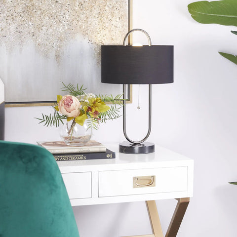 Oval Shaped Metal Table Lamp For Living Room, Black Iron Base With Marble Accents And Linen Fabric Shade on desk