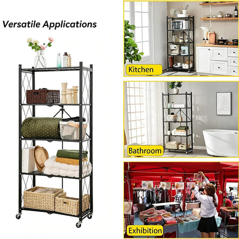 Portable Foldable Storage Shelves Freestanding Three Tier Kitchen Shelving Unit White showcased in kitchen, bathroom, and exhibition.