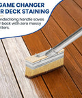 Heavy Hitter Deck Stain Brush Set With Super Long 59 Inch Pole Handle For Quick Wood Fence And Wall Coverage Comes With Detail Brush For Railing Crevices Save Your Back Today, showing brush in use on stained wood.
