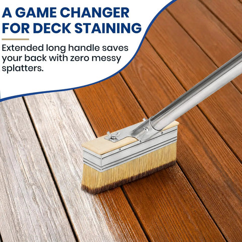Heavy Hitter Deck Stain Brush Set With Super Long 59 Inch Pole Handle For Quick Wood Fence And Wall Coverage Comes With Detail Brush For Railing Crevices Save Your Back Today, showing brush in use on stained wood.